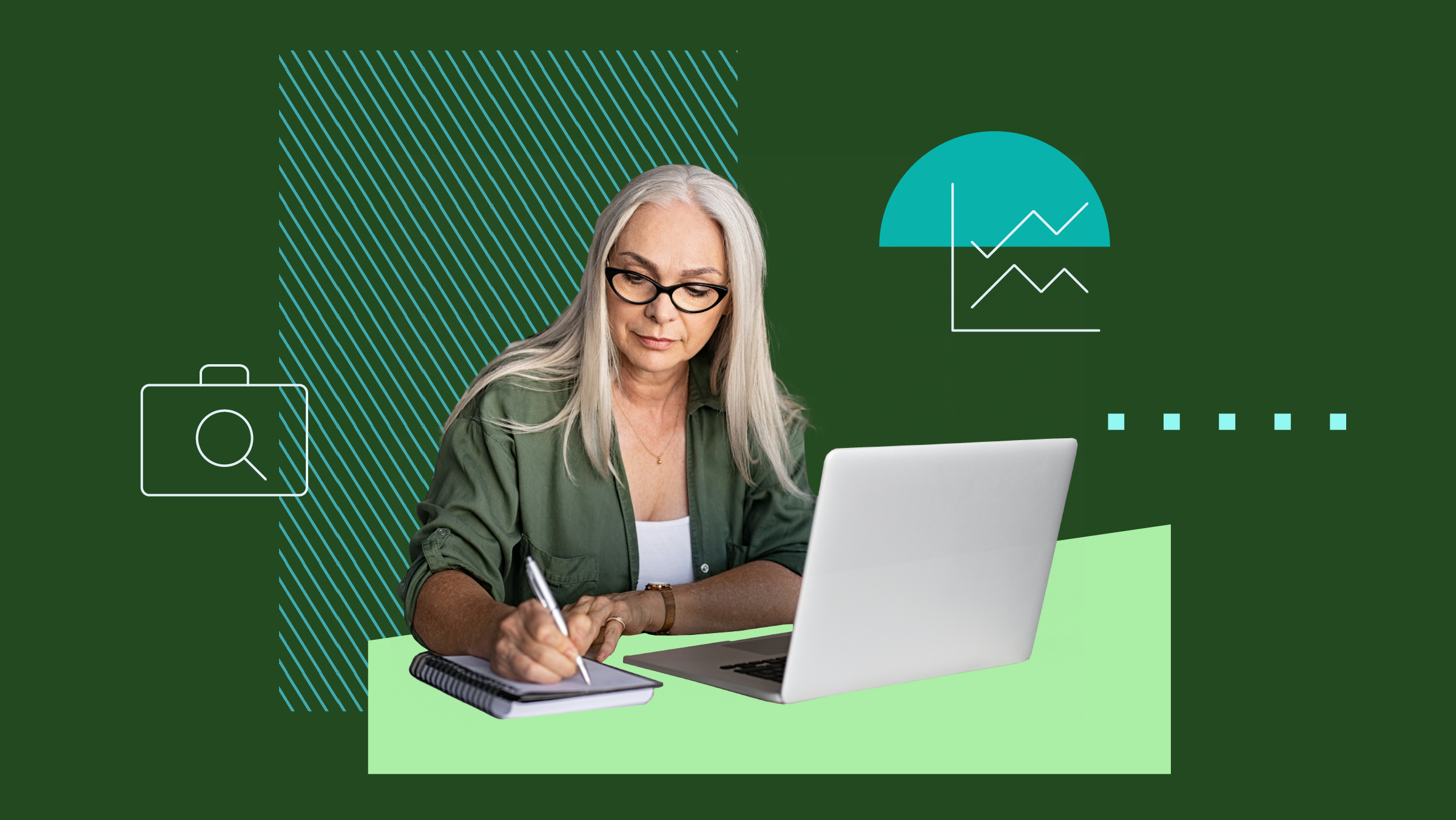 A computerized investor's collage, with background shapes and images