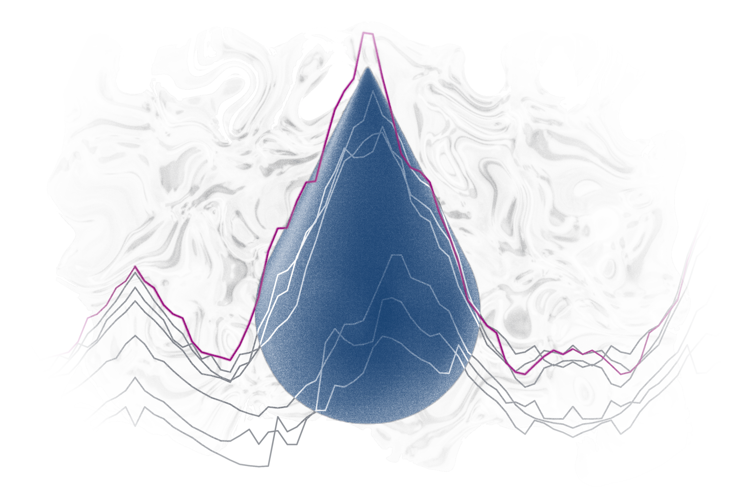 An illustration of complex lines of charts superimposed on large blue drops on a fading gradient and white background.