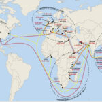 A world map with different colored lines generated by AI may be wrong.