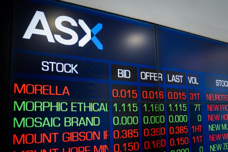 A picture of a stock market board with the ASX symbol in the upper left corner.