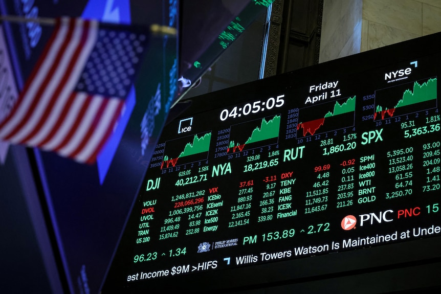 Stock market board showing Doe Jones and other green and red stocks next to the US flag.