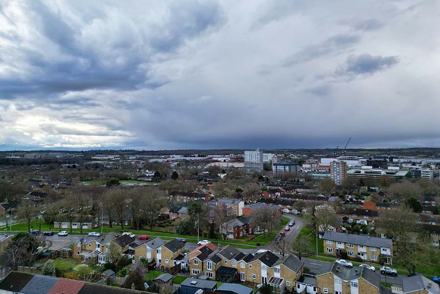 An aerial view of Stevenage on a grey cloudy day